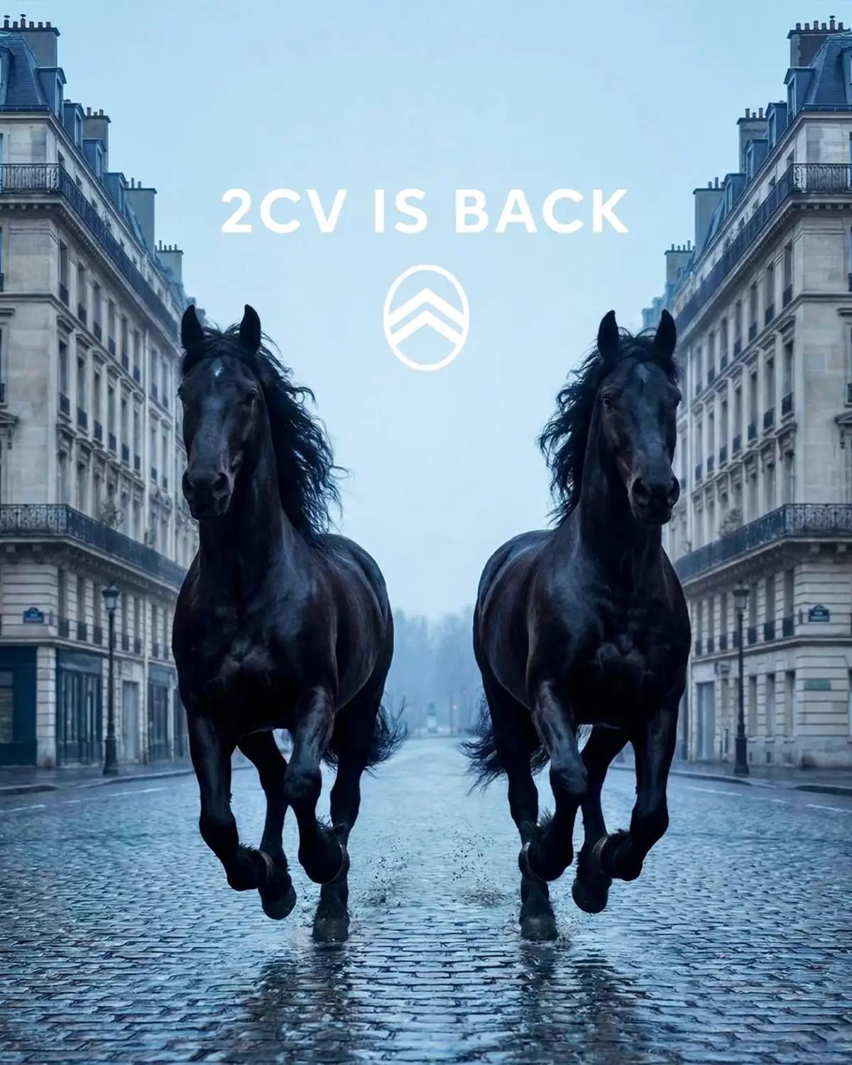 Two black horses gallop down a wet cobblestone street between Parisian buildings, with '2CV IS BACK' text above.