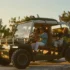 Ein dunkelgrüner, offener Elektro-Strandbuggy Amble One fährt bei Sonnenuntergang auf einer Küstenstrasse durch Pinienbäume.