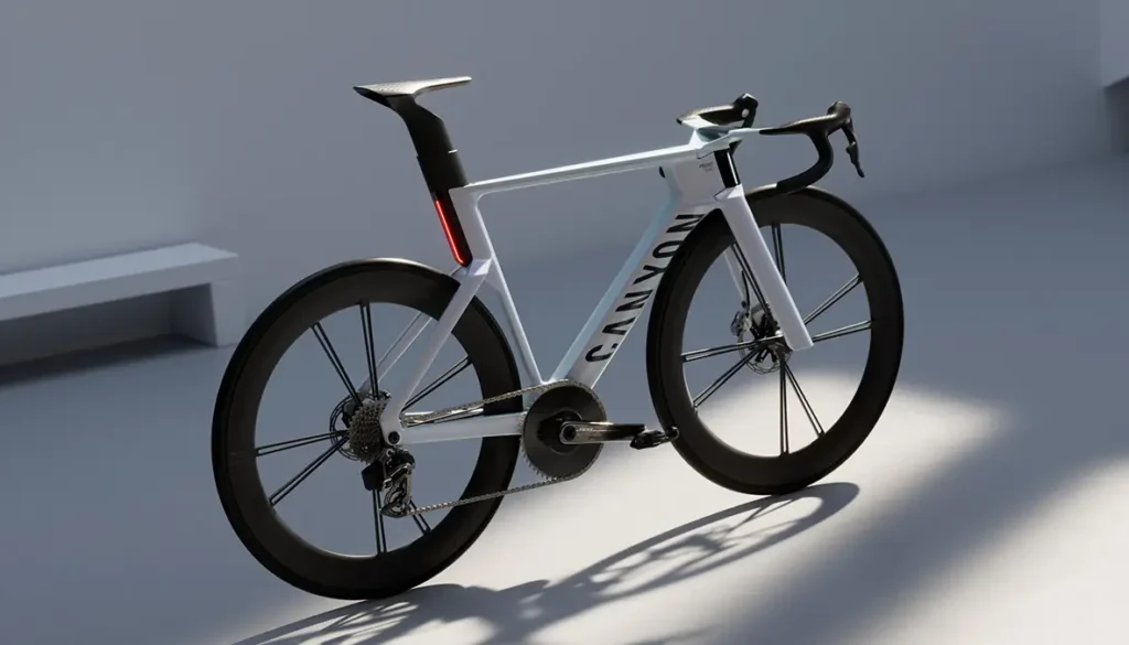 Das Konzept-Rennrad Canyon Predict in hellem Silber-Grau mit einem aerodynamisch optimierten Carbonrahmen, einer markanten integrierten Lichtleiste an der Sattelstütze und hohen Carbon-Laufrädern im Studio.