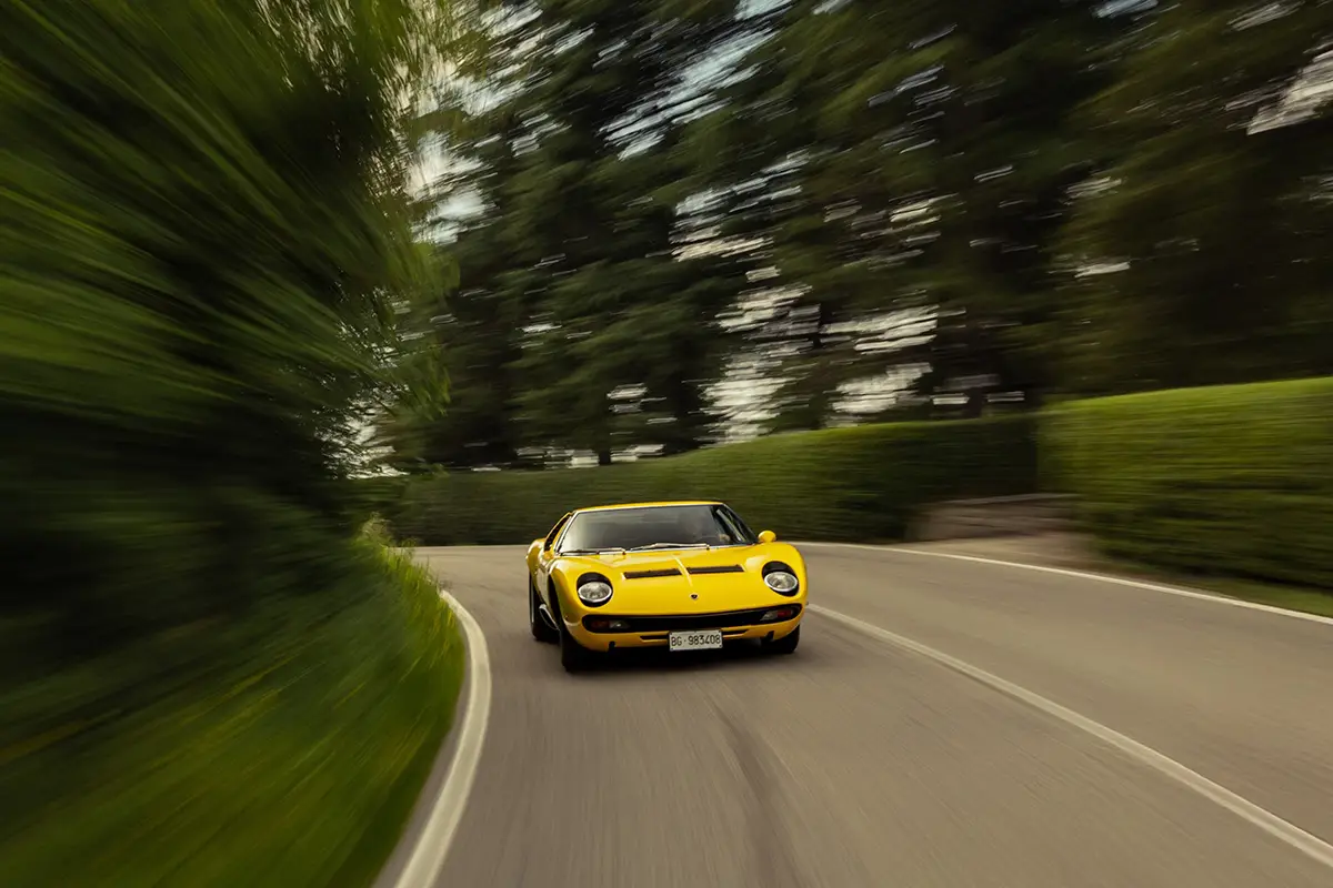 Der gelbe Lamborghini Miura in schneller, dynamischer Kurvenfahrt auf einer von Bäumen gesäumten Landstrasse mit sichtbarer Bewegungsunschärfe.