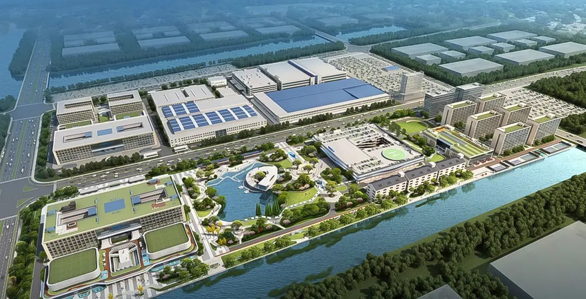 Luftaufnahme des modernen Geely ECRI Entwicklungs-Campus mit Grünanlagen und Gebäudekomplexen in Hangzhou Bay.