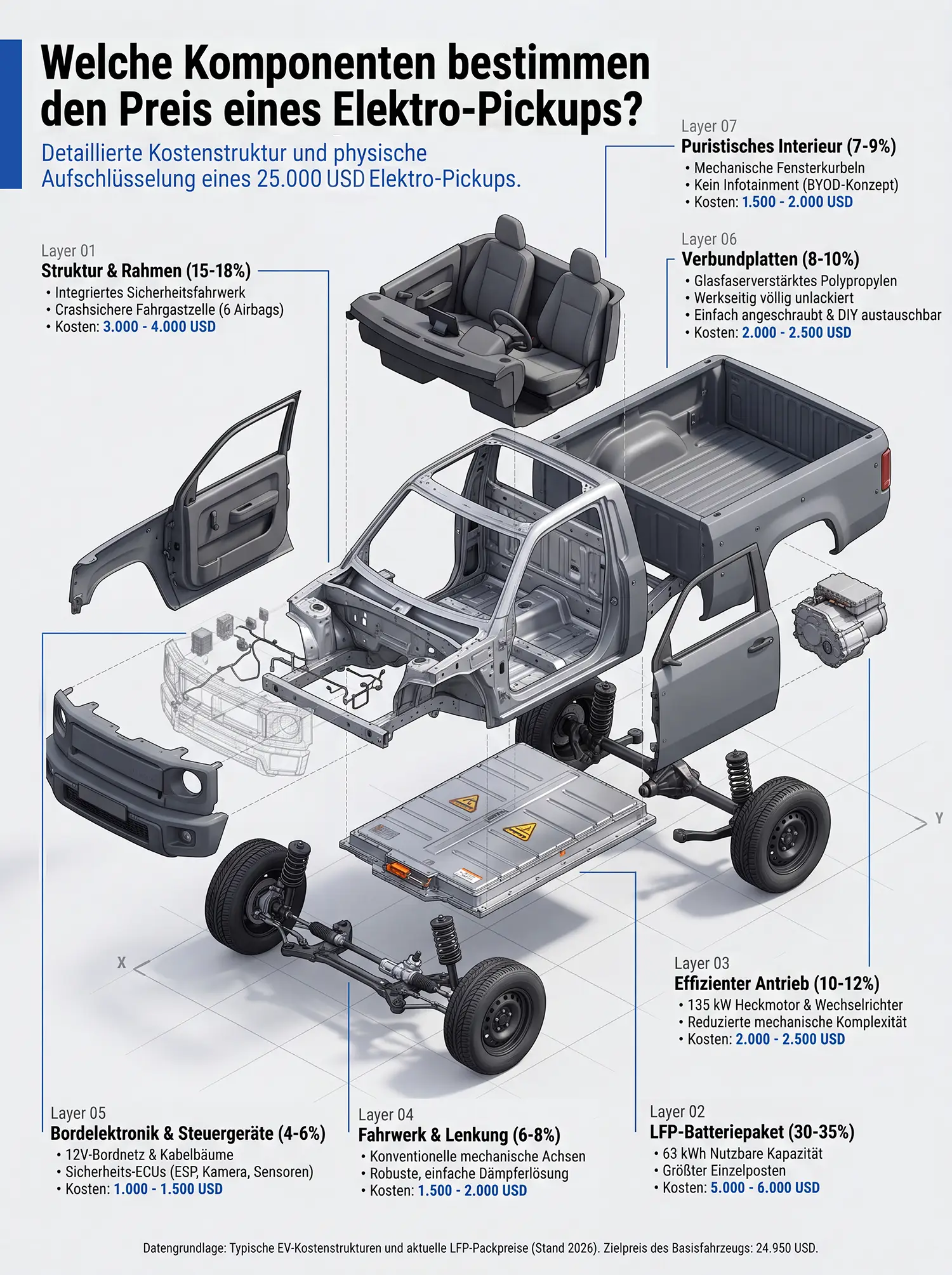 Technische Infografik zur Kostenstruktur eines günstigen 25'000-Dollar-Elektro-Pickups in Form einer fotorealistischen 3D-Explosionszeichnung. Das Fahrzeug ist in sieben schwebende, präzise beschriftete Baukasten-Ebenen zerlegt. Ausgewiesen werden die Prozentanteile und Kostenbereiche in USD: Layer 01 Struktur & Rahmen (3'000–4'000 USD), Layer 02 das LFP-Batteriepaket als grösster Einzelposten mit 30–35% (5'000–6'000 USD), Layer 03 der 135-kW-Heckantrieb (2'000–2'500 USD), Layer 04 das mechanische Fahrwerk samt Lenkung (1'500–2'000 USD), Layer 05 die Bordelektronik (1'000–1'500 USD), Layer 06 die unlackierten Polypropylen-Verbundplatten (2'000–2'500 USD) und Layer 07 das puristische Interieur mit mechanischen Fensterkurbeln (1'500–2'000 USD). Die Fusszeile verweist auf typische EV-Kostenstrukturen im Jahr 2026 bei einem Basis-Zielpreis von 24'950 USD.