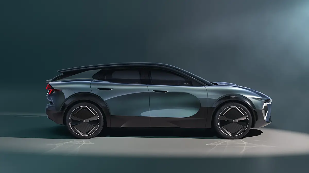 Flaches Seitenprofil des Renault Emblème Konzeptfahrzeugs im reduzierten Fotostudio.