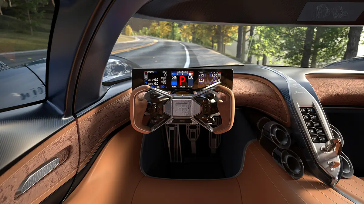 Das fahrerorientierte Armaturenbrett des Bugatti Destrier mit zentraler Anzeige oberhalb der Lenksäule und dem Solitaire-Schriftzug auf der Mittelkonsole.