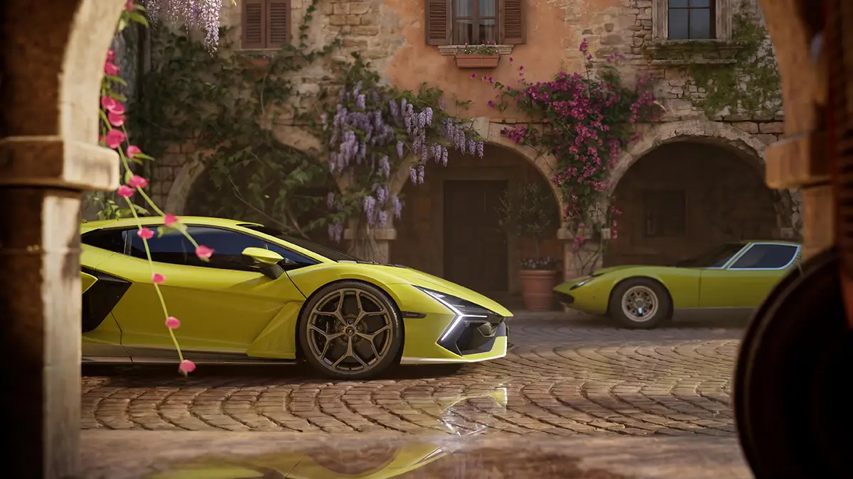 Ein neongelber Lamborghini Revuelto „Miura 60° Homage“ in der historischen Farbe Giallo steht vor den Steinbögen eines traditionellen italienischen Innenhofs.