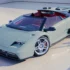 Schrägansicht von vorne auf den grau-grünen Eccentrica V12 Roadster Restomod auf Basis des Lamborghini Diablo.