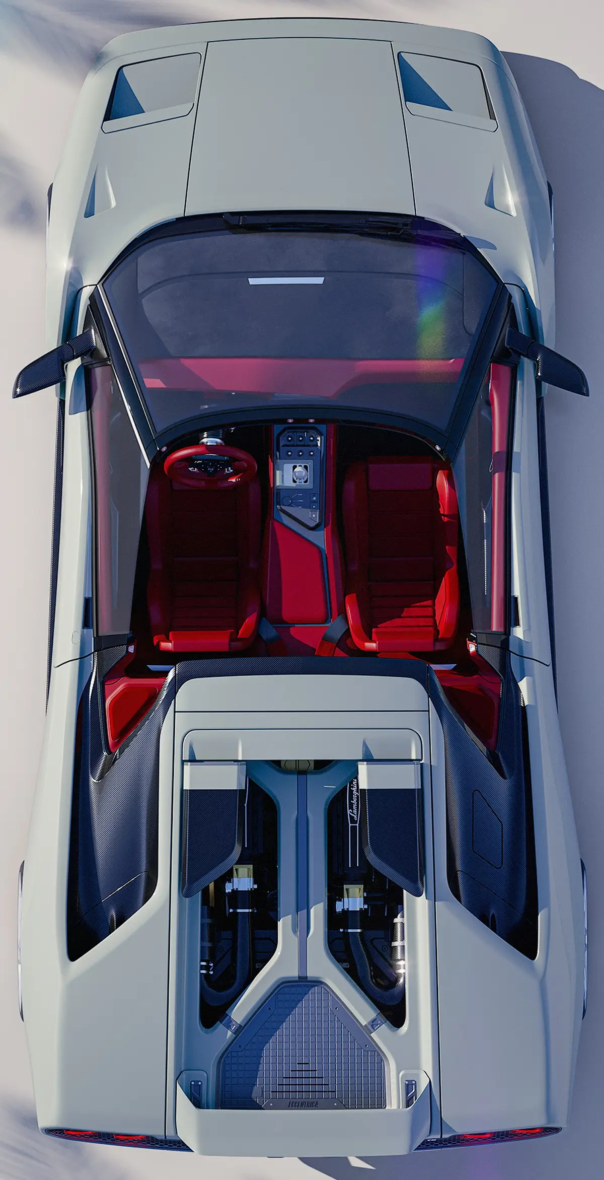 Vogelperspektive auf den offenen Eccentrica V12 Roadster mit rotem Lederinterieur und freiliegender V12-Abdeckung.
