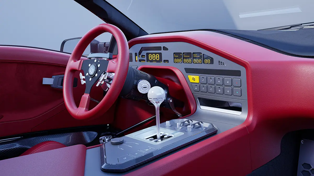Blick in das Cockpit des Eccentrica V12 Roadster mit rotem Lederarmaturenbrett, Sportlenkrad und digital-analogem Instrumenten-Cluster.