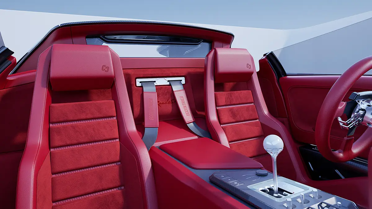 Nahaufnahme der roten Sportsitze im Innenraum des Eccentrica V12 Roadster mit prägnanter Schalensitz-Konturierung.