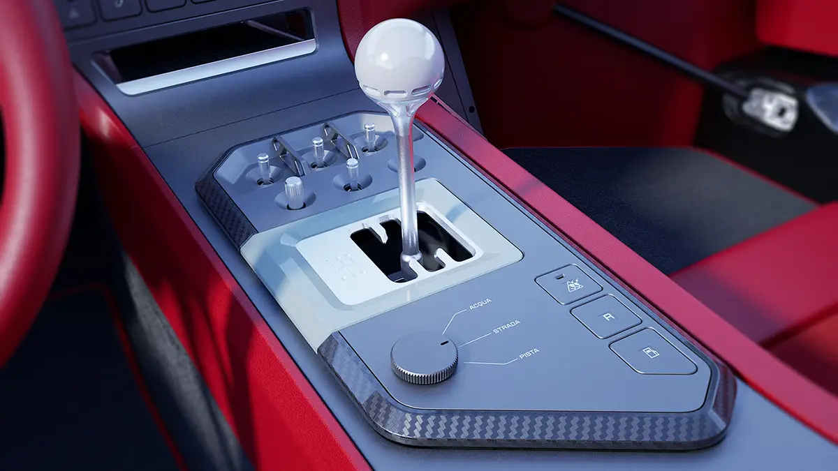 Detailaufnahme der offenen, geschalteten Aluminium-Schaltkulisse des manuellen Sechsganggetriebes im Eccentrica V12 Roadster.