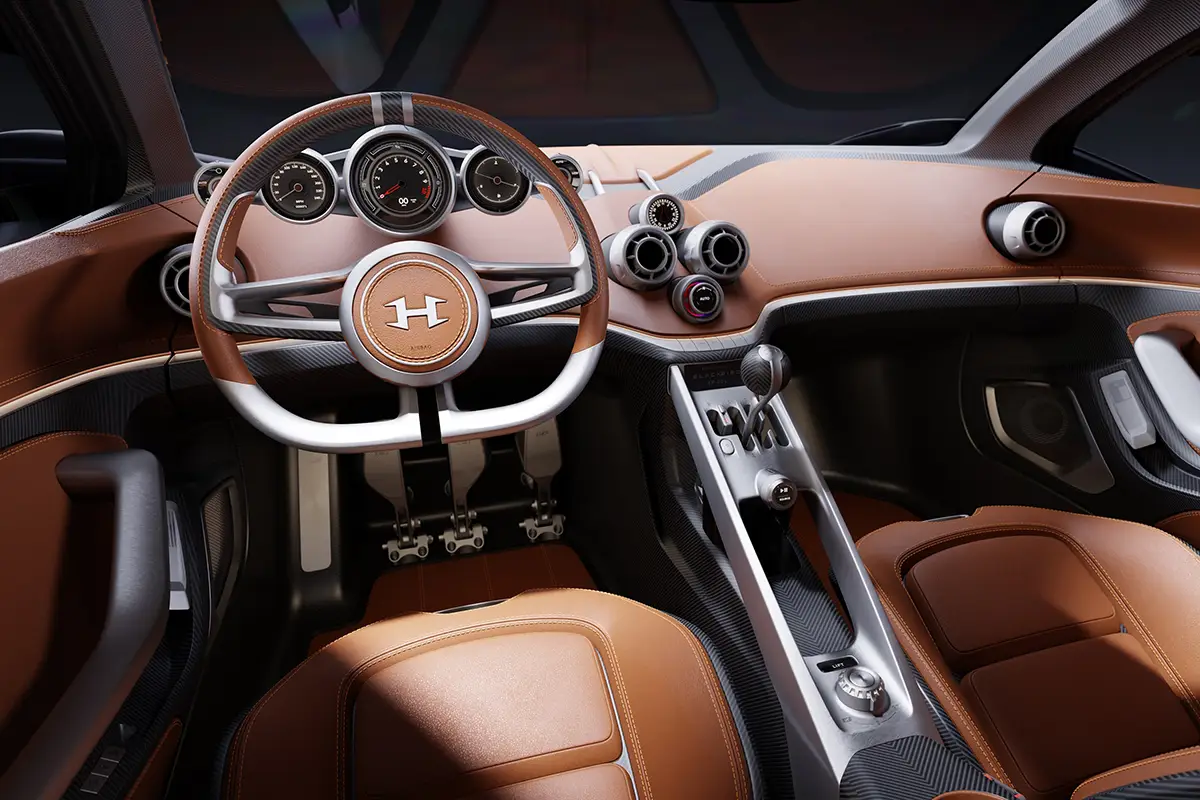 Puristisches Cockpit des Hennessey Blackbird mit braunem Leder, analogem Drehzahlmesser und manueller Sechsgang-Schaltkulisse.