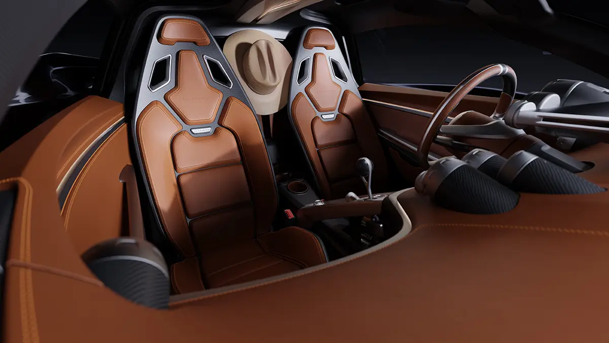 Blick auf die braunen Leder-Sportsitze im Innenraum des Hennessey Blackbird.