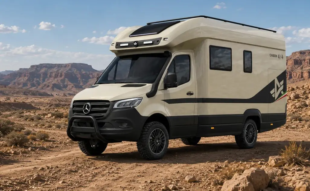 Robustes Allrad-Reisemobil Atlantis Carbon 4x4 für autarke Offroad-Reisen in einer steinigen Wüstenlandschaft.