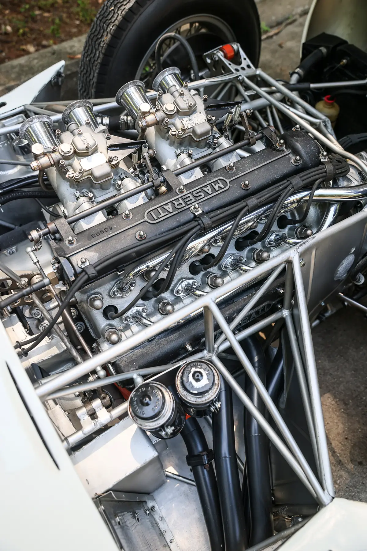 Detailansicht des geneigten 2,9-Liter-Vierzylindermotors mit Weber-Vergasern und filigranem Rohrrahmen des Maserati Tipo 61 Birdcage.