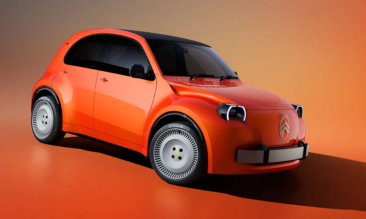 Kompakte Elektro-Studie Citroen 2CV Concept in leuchtendem Orange mit klassischen Rundscheinwerfern