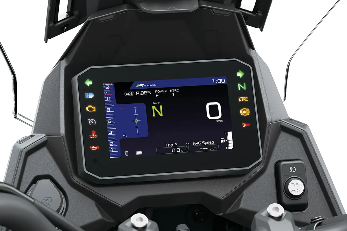 Farbiges 5-Zoll-TFT-Cockpitdisplay der Kawasaki Versys 900 mit digitalem Tacho und Ganganzeige