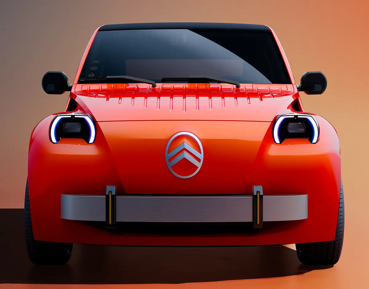 Frontalansicht des elektrischen Citroen 2CV mit markantem Markenlogo und runden Leuchtelementen
