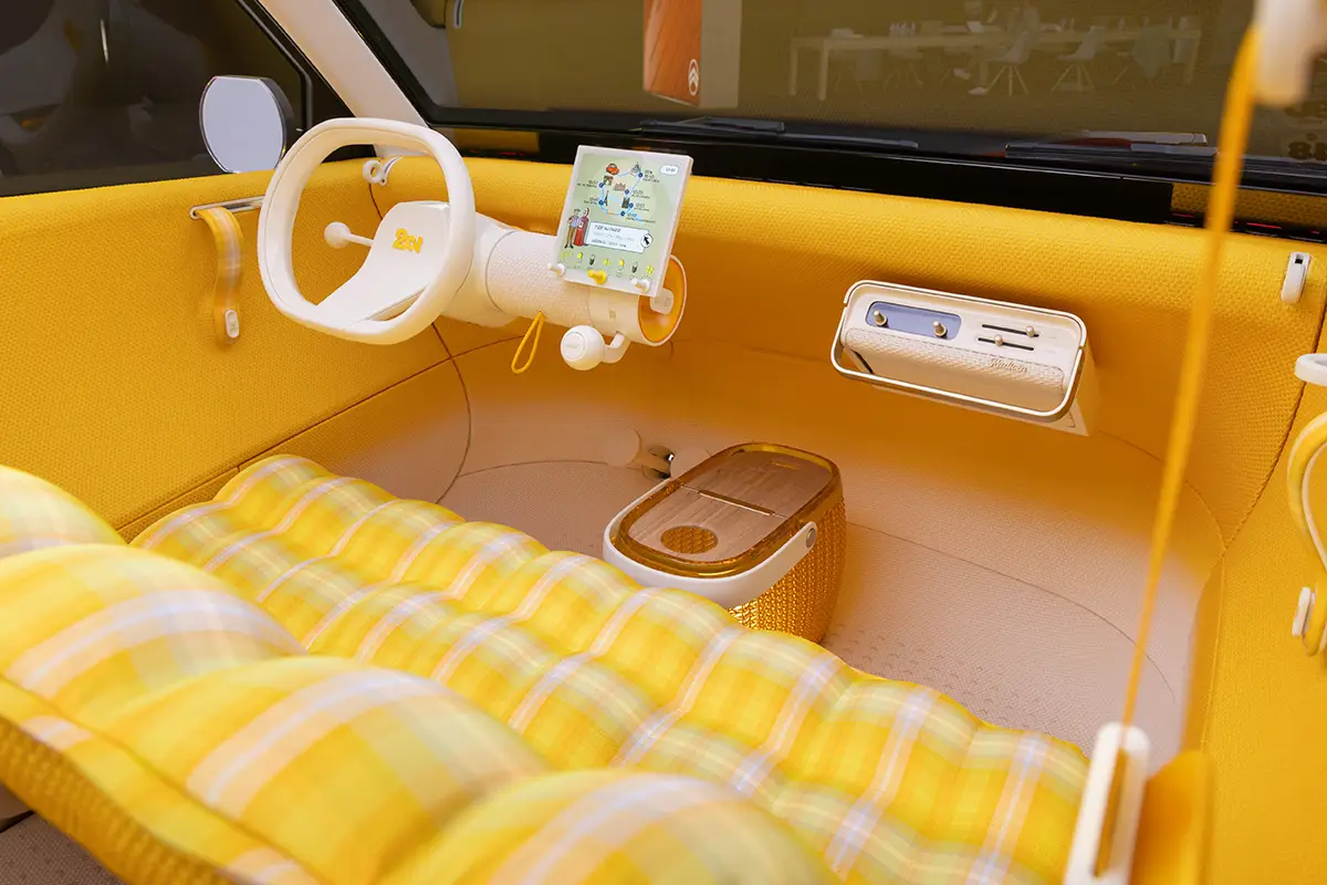 Minimalistisches Cockpit des Citroen 2CV mit ovalem Lenkrad, 8-Zoll-Touchscreen und herausnehmbarem Radio