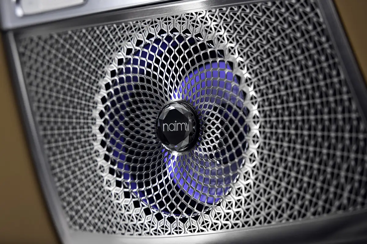 Beleuchtetes Lautsprechergitter des 3.868-Watt-Soundsystems von Naim im Zeekr 9X