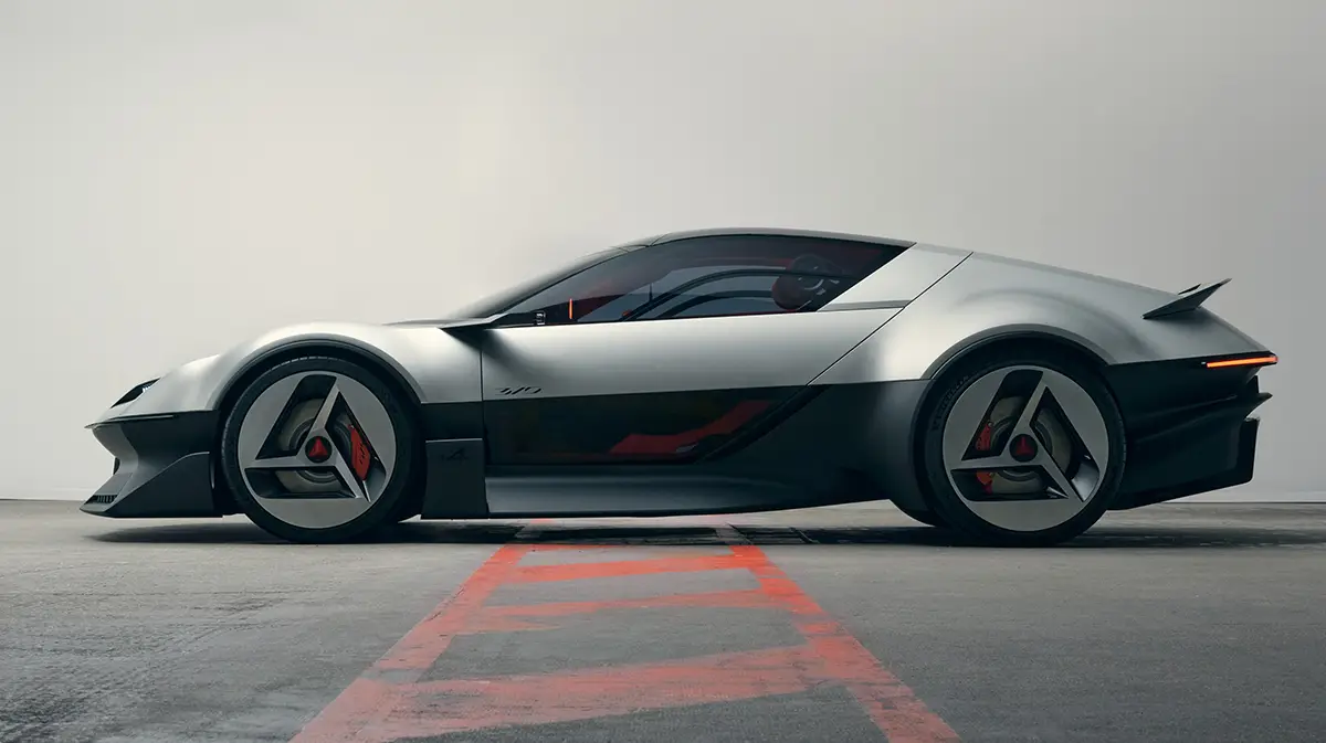 Flache Keilform der Alpine A310 Vision in der Seitenansicht mit nur 1,18 Meter Fahrzeughöhe und schwarzem Aerodynamikboden