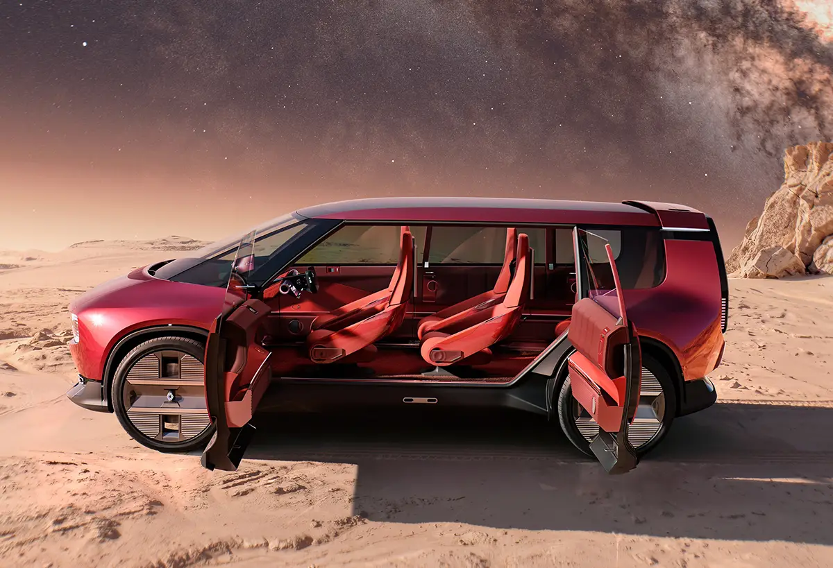 Seitenansicht des Renault E-Space Concept mit geöffneten Türen und drehbaren Einzelsitzen im Fond