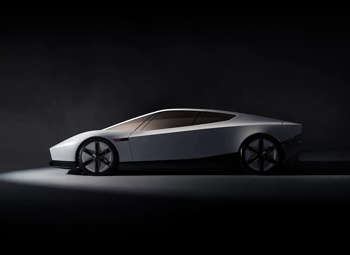 Flache Seitenansicht des neuen Tesla Roadster Elektro-Sportwagens im minimalistischen Coupé-Design