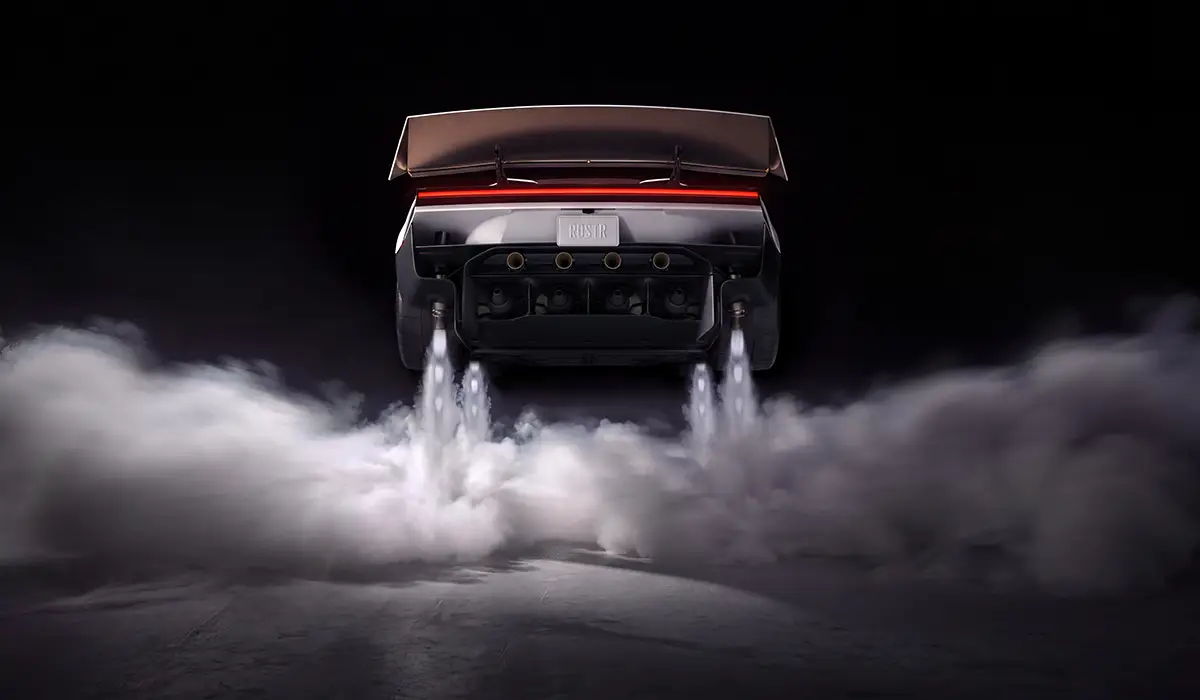 Neuer Tesla Roadster mit aktiven Kaltgas-Schubdüsen und aufsteigenden Gaswolken am Heck