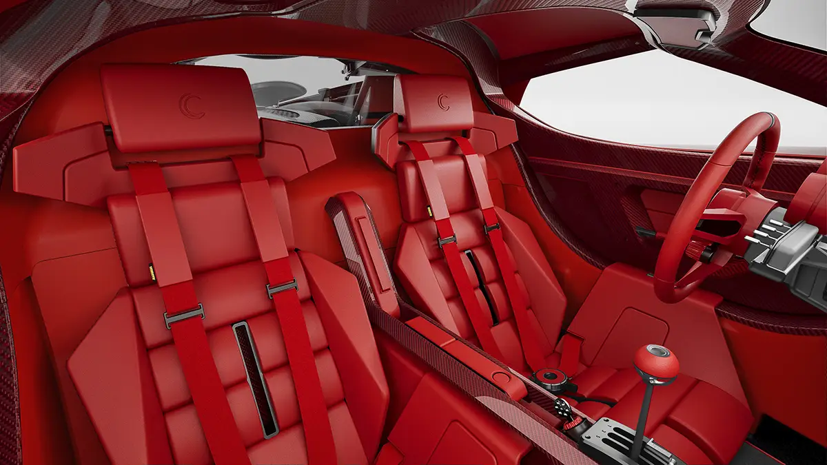 Rote Connolly-Ledersportsitze mit Renngurten im Innenraum des Capricorn 01 Zagato Hypercars. Foto: Capricorn