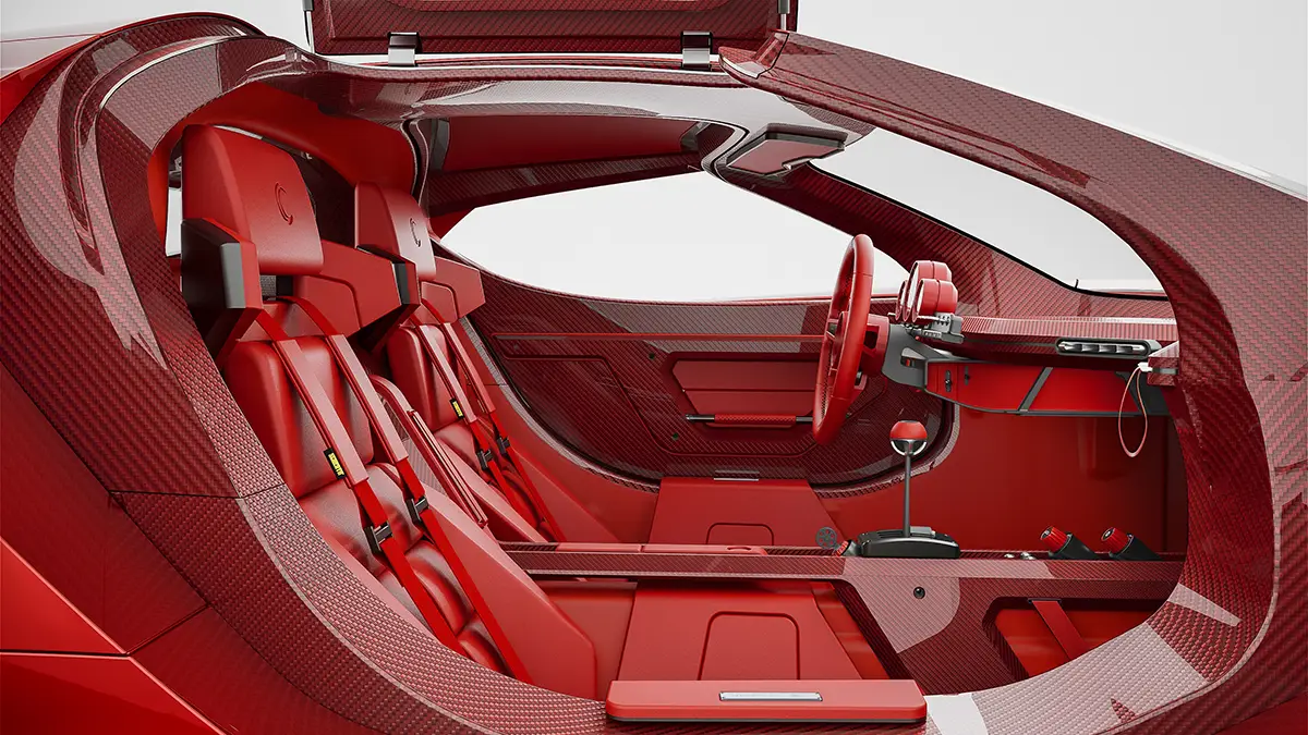 Offener Einstieg in das rote Carbon-Monocoque des Capricorn 01 Zagato Tutto Rosso. Foto: Capricorn