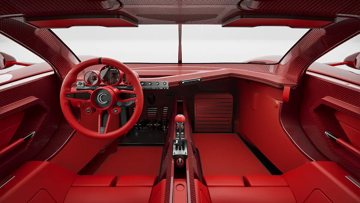 Vollständig in Rot gehaltenes Cockpit des Capricorn 01 Zagato Tutto Rosso mit manuellem Schalthebel. Foto: Capricorn