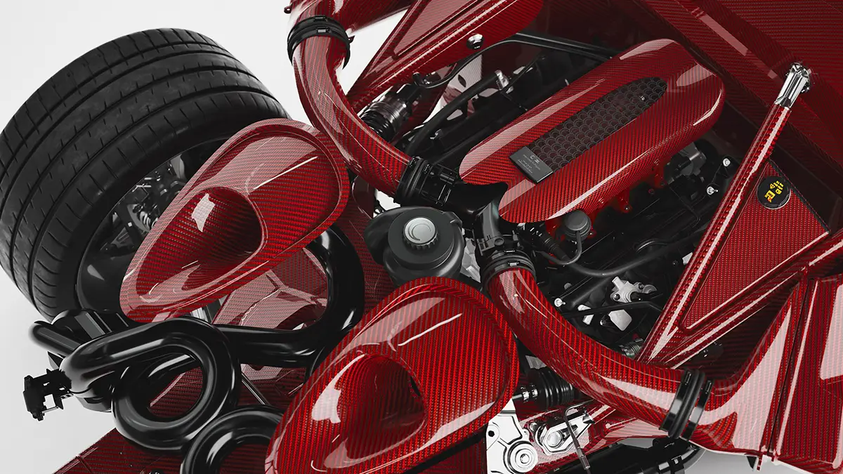 Detailaufnahme des 5,2-Liter-V8-Mittelmotors mit rot lasierten Carbon-Luftführungen im Capricorn 01 Zagato. Foto: Capricorn