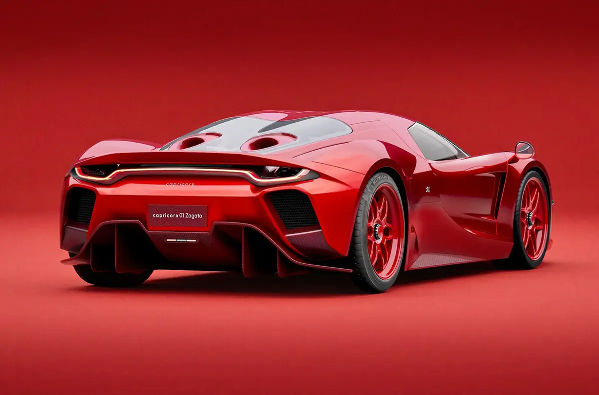 Heckansicht des Capricorn 01 Zagato Tutto Rosso mit mächtigem Carbon-Diffusor und zentralem Schriftzug. Foto: Capricorn