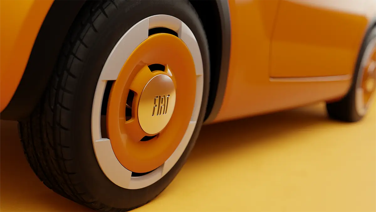 Zweifarbige Aero-Felge des Fiat Multiplina Elektro-Leichtfahrzeugs im gelb-weissen Retro-Design. Foto: Fiat