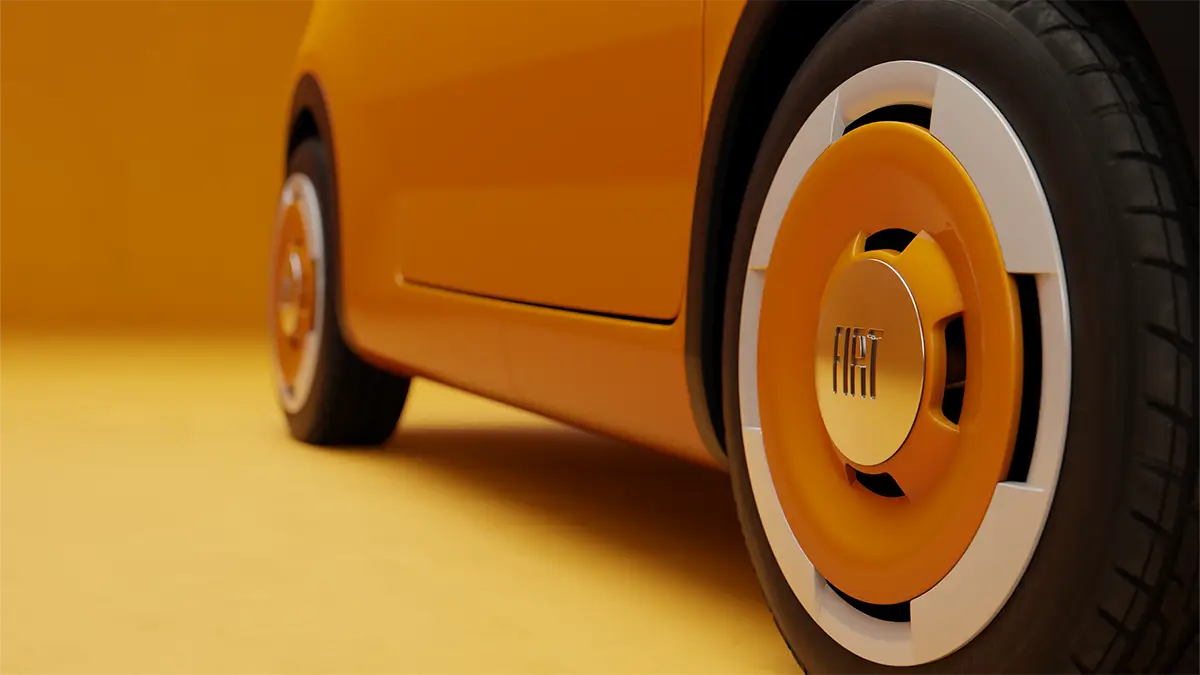 Schrägperspektive auf das Vorderrad und die Karosserieflanke des Fiat Multiplina Mikromobilitäts-Konzepts. Foto: Fiat