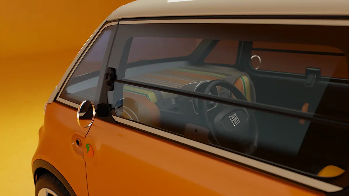 Blick durch das Schiebefenster der Fiat Multiplina auf das Cockpit und die farbenfroh gestreiften Stoffsitze. Foto: Fiat
