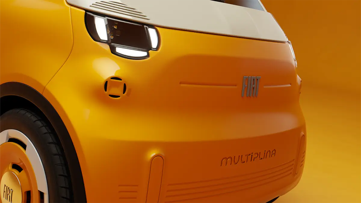 Detailaufnahme der gelben Frontpartie des Fiat Multiplina mit LED-Tagfahrlicht und Fiat-Schriftzug. Foto: Fiat