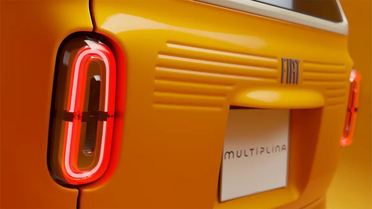 Nahaufnahme des Multiplina-Hecks mit ovaler LED-Rückleuchte, Kühlschlitzen und Multiplina-Modellschriftzug. Foto: Fiat