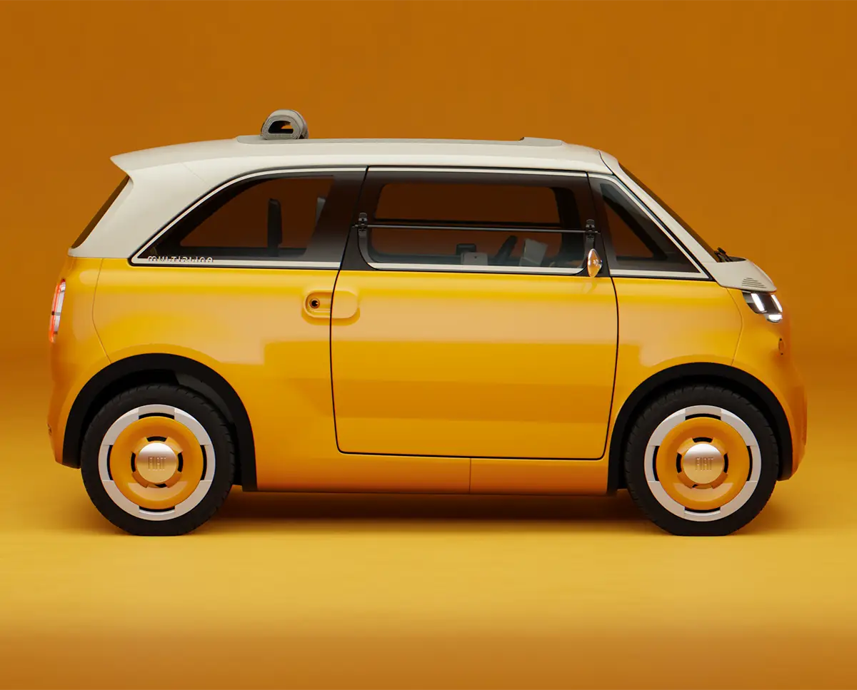 Seitenansicht der 3,04 Meter langen Fiat Multiplina im Profil mit Zweifarblackierung und Dachträger-Rolle. Foto: Fiat