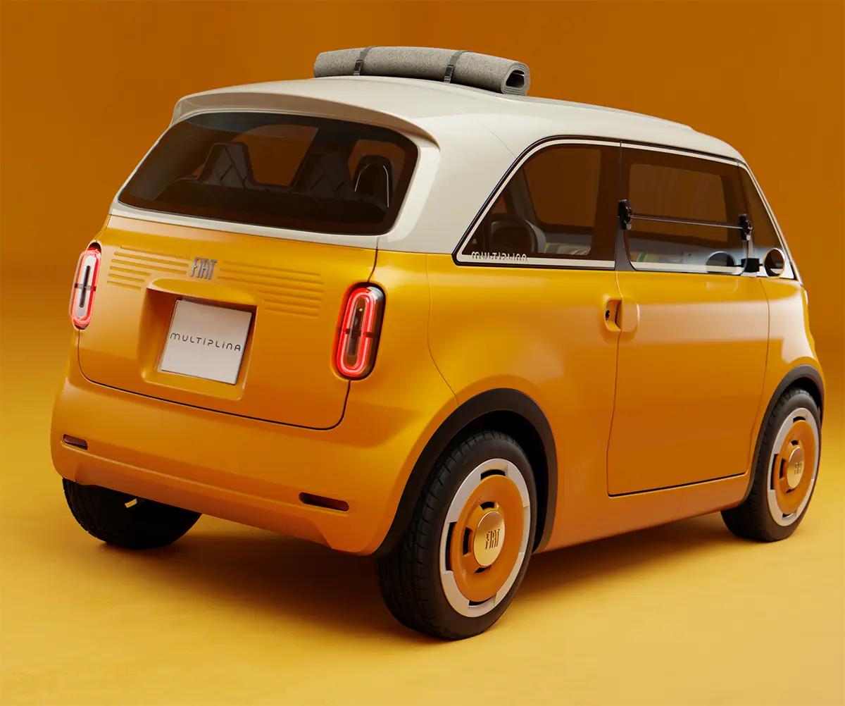 Schräges Heck des Fiat Multiplina Konzepts mit vertikalen LED-Rückleuchten und klassischer Lufteinlass-Optik. Foto: Fiat